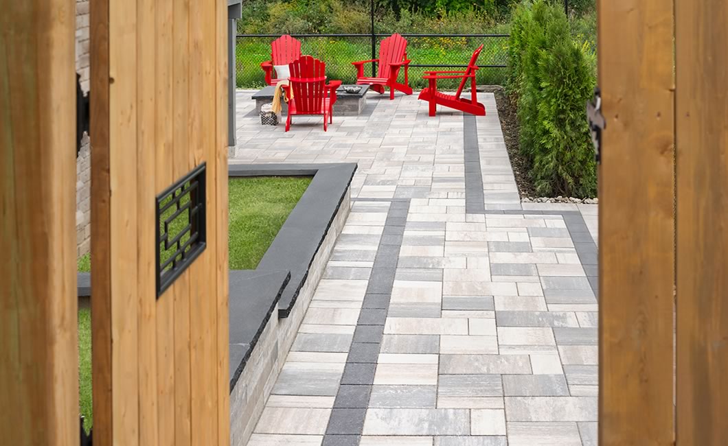 Image of a walkway featuring Trevista 50 Smooth (Glacier Creek) and Soho Wall (Glacier Creek) products