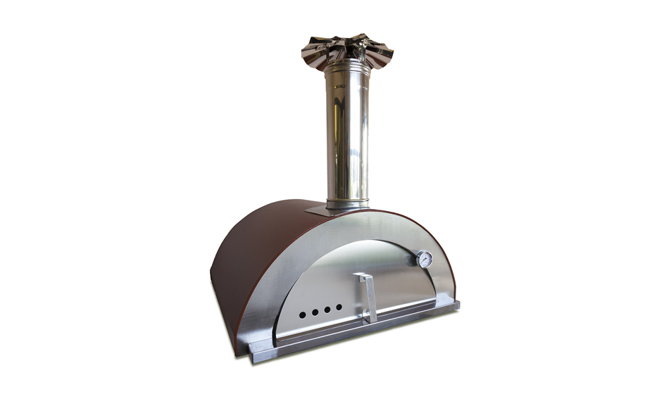 A modern, semi-circular, stainless steel outdoor pizza oven with a visible thermometer, a front view window, and a chimney on top.