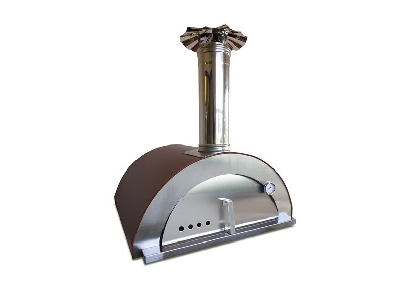 A modern, semi-circular, stainless steel outdoor pizza oven with a visible thermometer, a front view window, and a chimney on top.